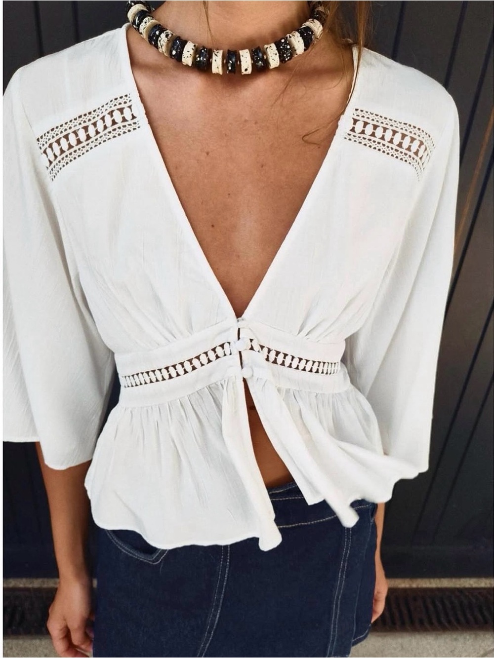 Zara White V-Neck Lace Insert Short Blouse NWT